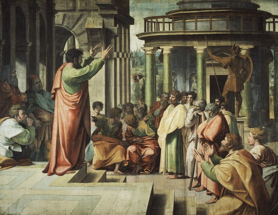 St Paul Preaching in Athens, by Raphael: Paul, arms raised, speaks to a crowd before a temple.