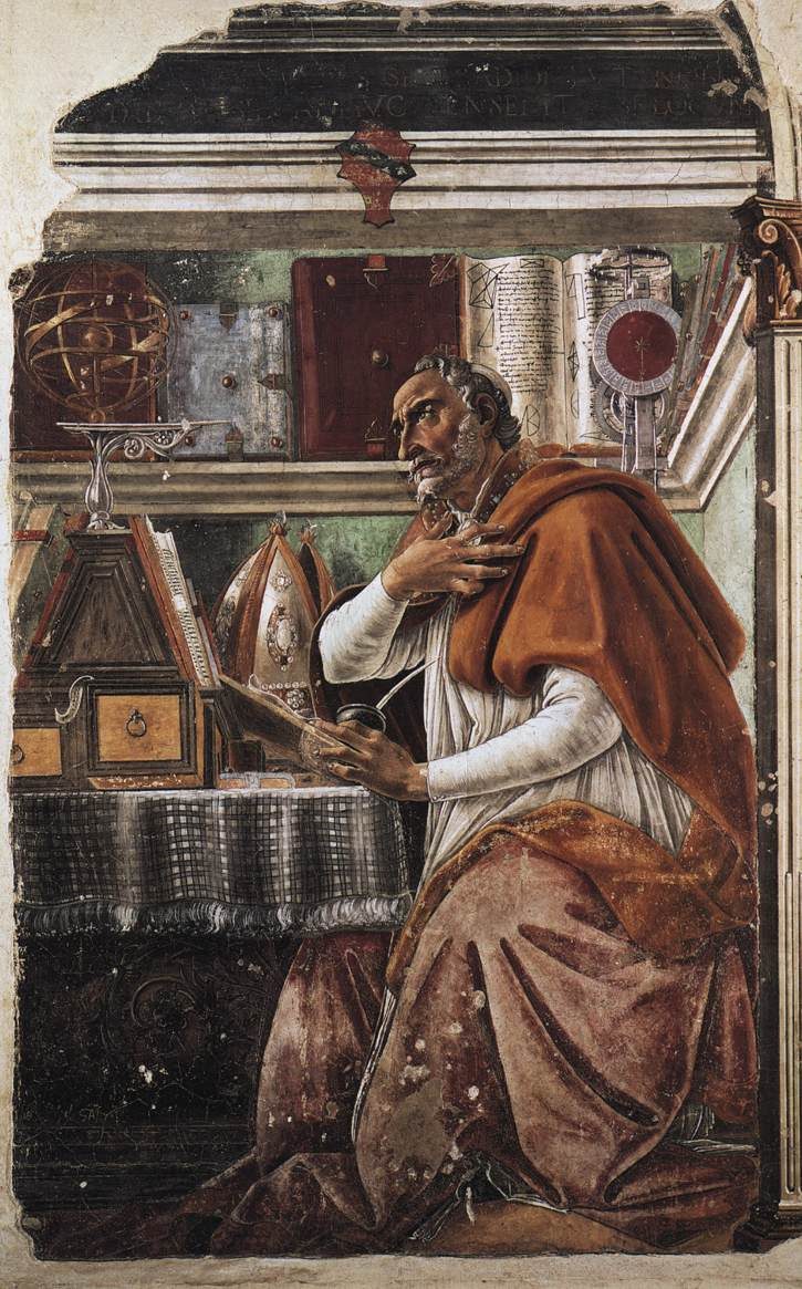 Saint Augustine in His Study, by Botticelli: the bishop looks up from his desk, hand on his heart.