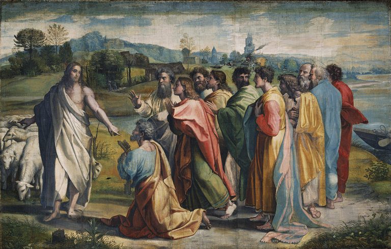 Christ’s Charge to Peter, by Raphael: Christ points to a flock of sheep as Peter kneels holding the keys.