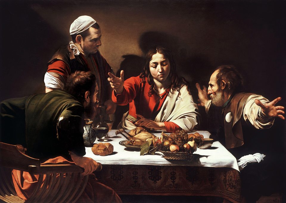 Supper at Emmaus, by Caravaggio: the risen Christ blesses bread as two disciples recognize him.