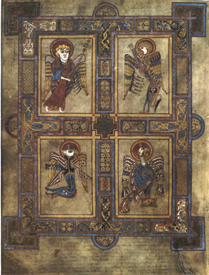Book of Kells, folio 27v: the four Gospel symbols, a man, a lion, a calf and an eagle, in a woven border.