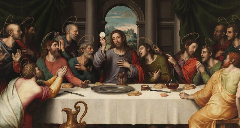 The Last Supper, by Juan de Juanes: Christ raises the Host among the apostles.