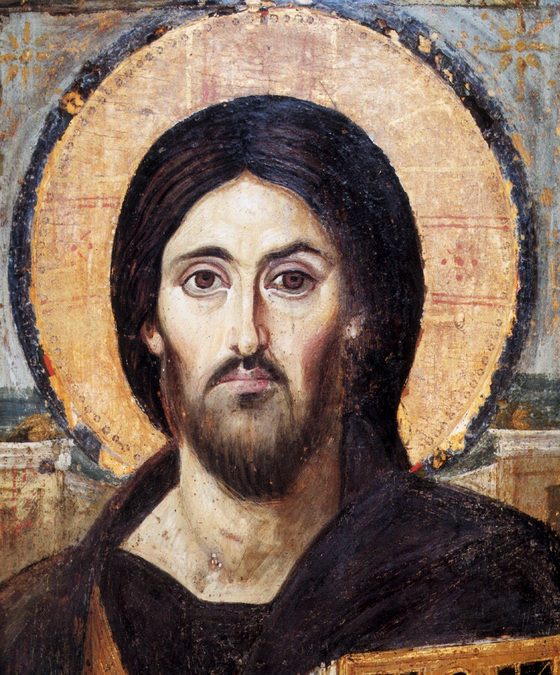 Christ Pantocrator, Byzantine icon: Christ blesses with his right hand and holds the Gospel book.