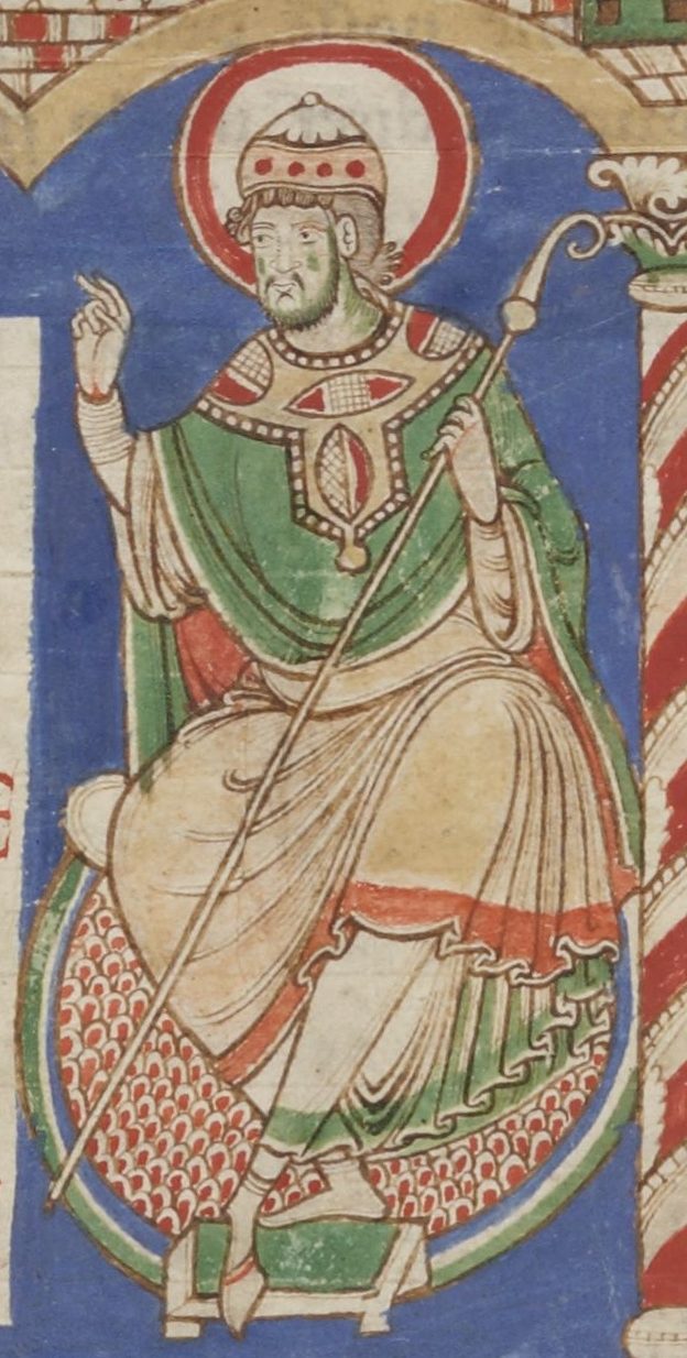 An eleventh-century manuscript painting of Pope Damasus enthroned, holding a book.