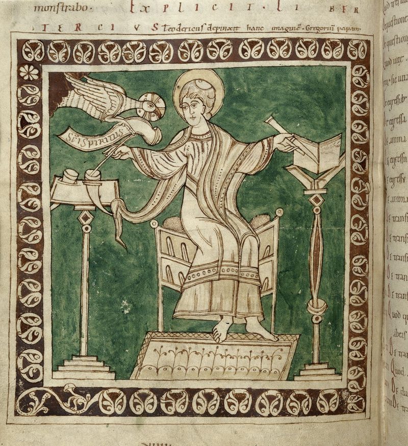 A medieval manuscript page: Pope Gregory writes at a desk while the Holy Spirit, as a dove, speaks into his ear.
