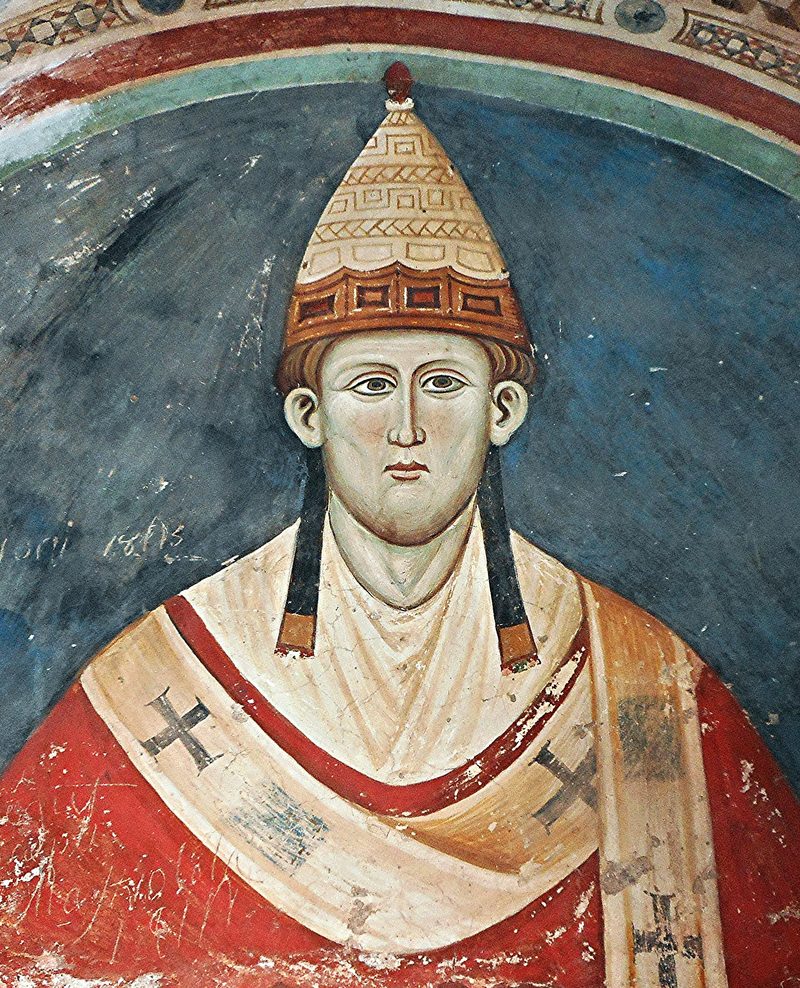A thirteenth-century fresco of Pope Innocent III in a white mitre and red vestments, Sacro Speco, Subiaco.