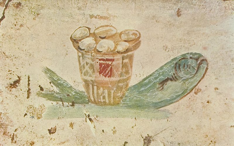 Loaves and fish, painted in the Crypt of Lucina in the same catacomb, early second century