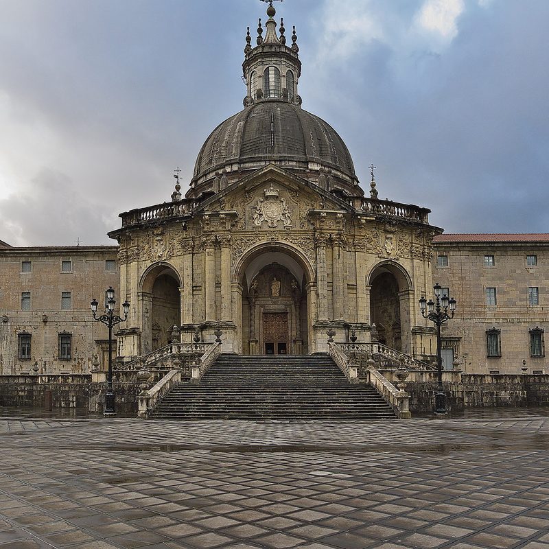 The Sanctuary of Loyola in the Basque Country: a domed baroque basilica with a broad stone stairway.