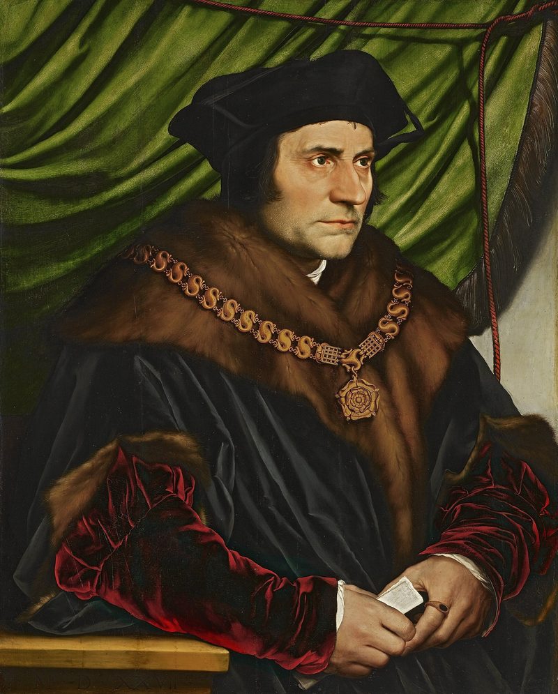 Hans Holbein the Younger’s portrait of Sir Thomas More, painted in 1527: a man in a dark fur-trimmed robe and the gold chain of royal service.