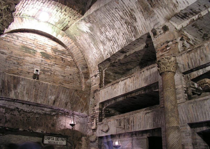 The Crypt of the Popes in the Catacomb of St Callixtus, Rome: a vaulted chamber where third-century popes were buried.