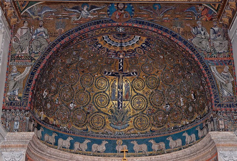 The apse mosaic of the Basilica of San Clemente, Rome: a golden vine spreads from the cross across the vault.