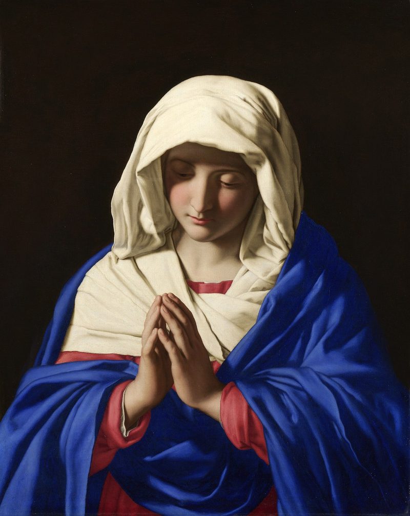 The Virgin in Prayer, by Sassoferrato: Mary in a blue mantle, hands joined in prayer.