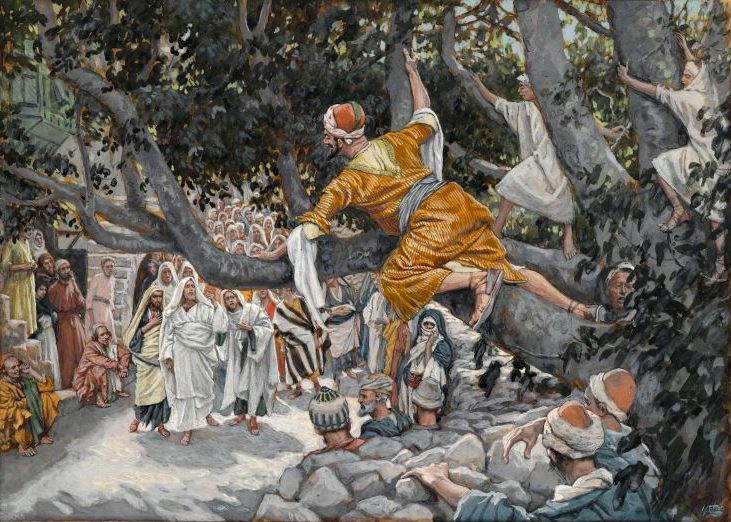 Zacchaeus in the Sycamore, by James Tissot: Zacchaeus watches from a tree as the crowd passes below.